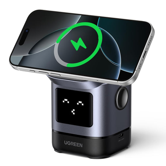 Cargador inalámbrico magnético – Carga con emojis y soporte para dos dispositivos