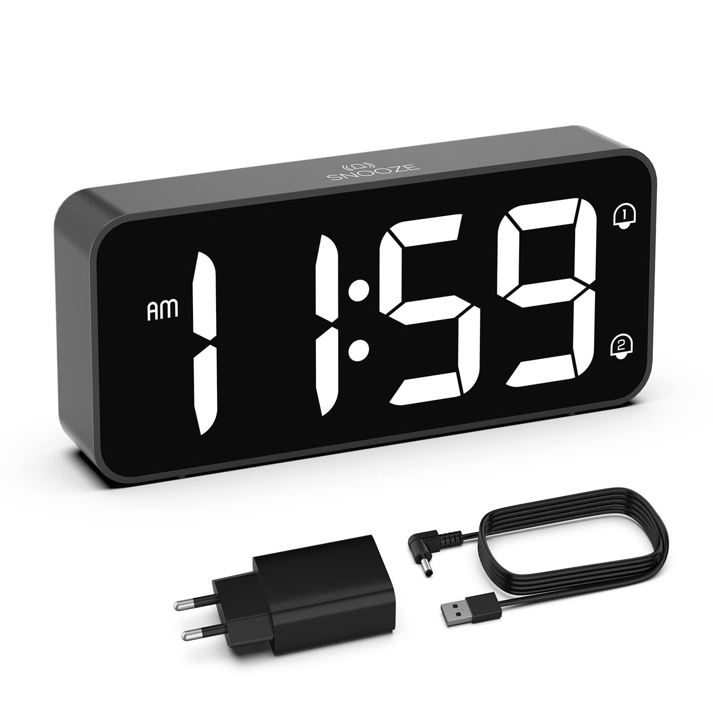 HOMVILLA Despertador Digital con Pantalla LED Grande, Reloj Despertador Digital Volumen Brillo Regulable con Alarma Doble 12/24H Despertador Inteligente Alimentación por Cable USB Incluye Adaptador