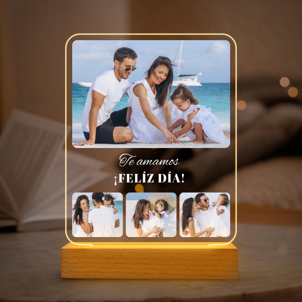 Transparent Gift Lámpara Personalizada Collage Fotos y Textos. Luz LED para mesita de noche. Regalos Originales para Parejas, Novios. Regalos personalizados con fotos para San Valentín y Aniversario