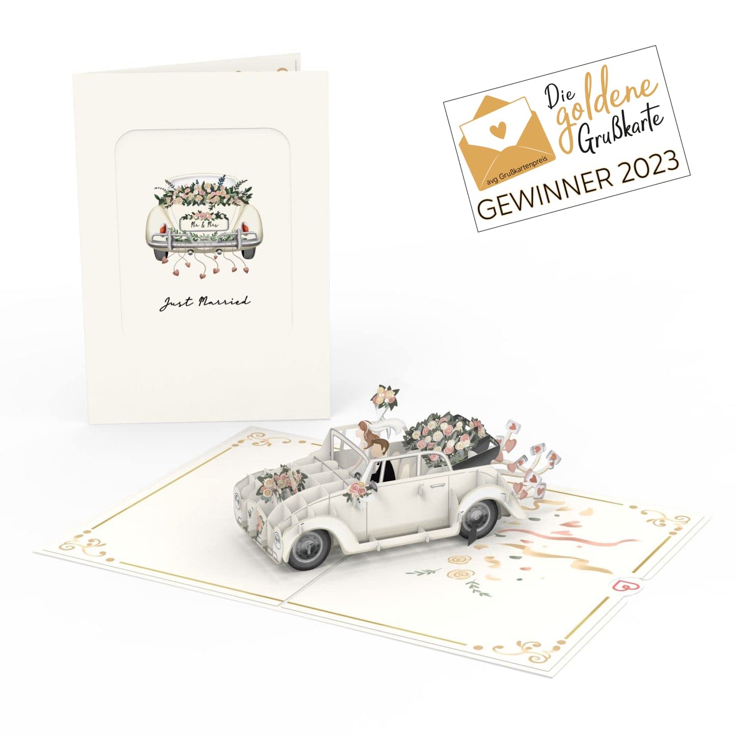 papercrush® Tarjeta desplegable de coche de boda – Tarjeta de boda 3D con coche "Just Married", elegante tarjeta de felicitación para boda y matrimonio, regalo de dinero para viajes de boda