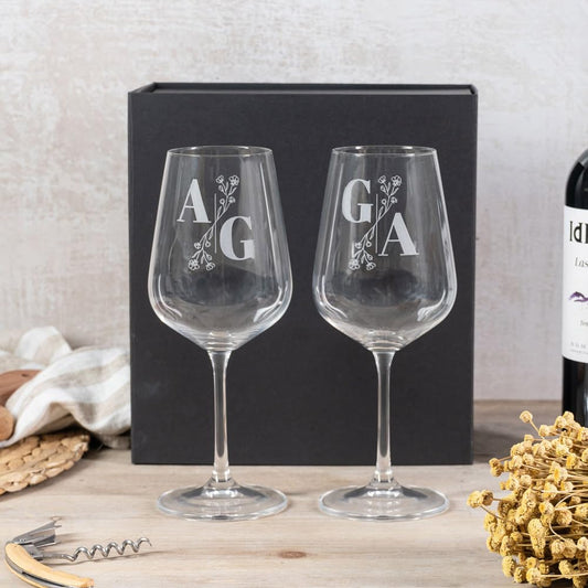 Wanapix | Pack 2 Copas de Vino Personalizadas | Estuche de Regalo Incluido | Copa de Cristal Grabada para Vino | Con Nombre o Texto | Pack de Copas de Cristal | Iniciales