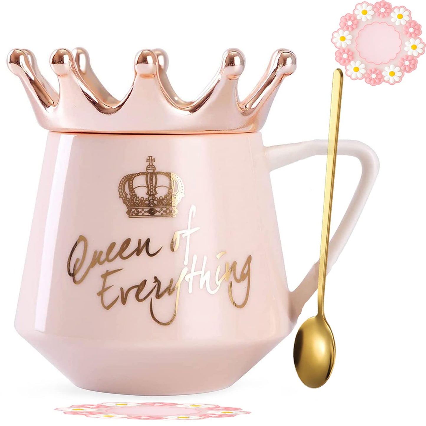 Arawat Queen of Everything Taza con Tapa Taza de Regalo con Corona de té Rosa, Taza de café con Cuchara y Posavasos de 350 ml, Taza de cerámica, Regalo de cumpleaños