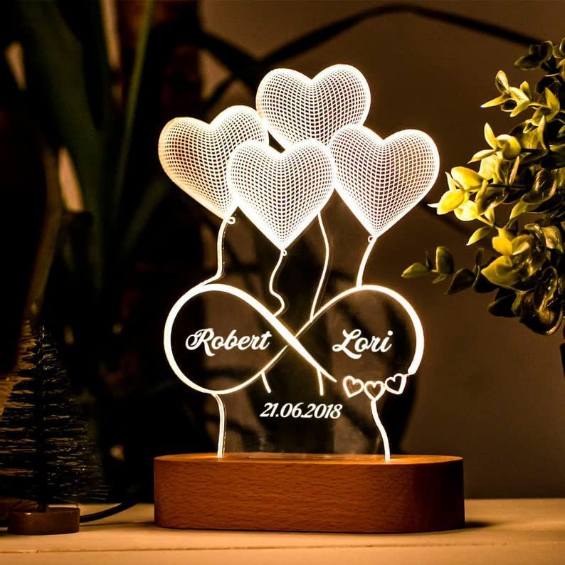 Transparent Gift Lámpara del Amor Personalizada Infinito con Corazones. Con Nombre Pareja y Fecha. Regalos Originales para San Valentín, Bodas, Cumpleaños. Metacrilato y Madera