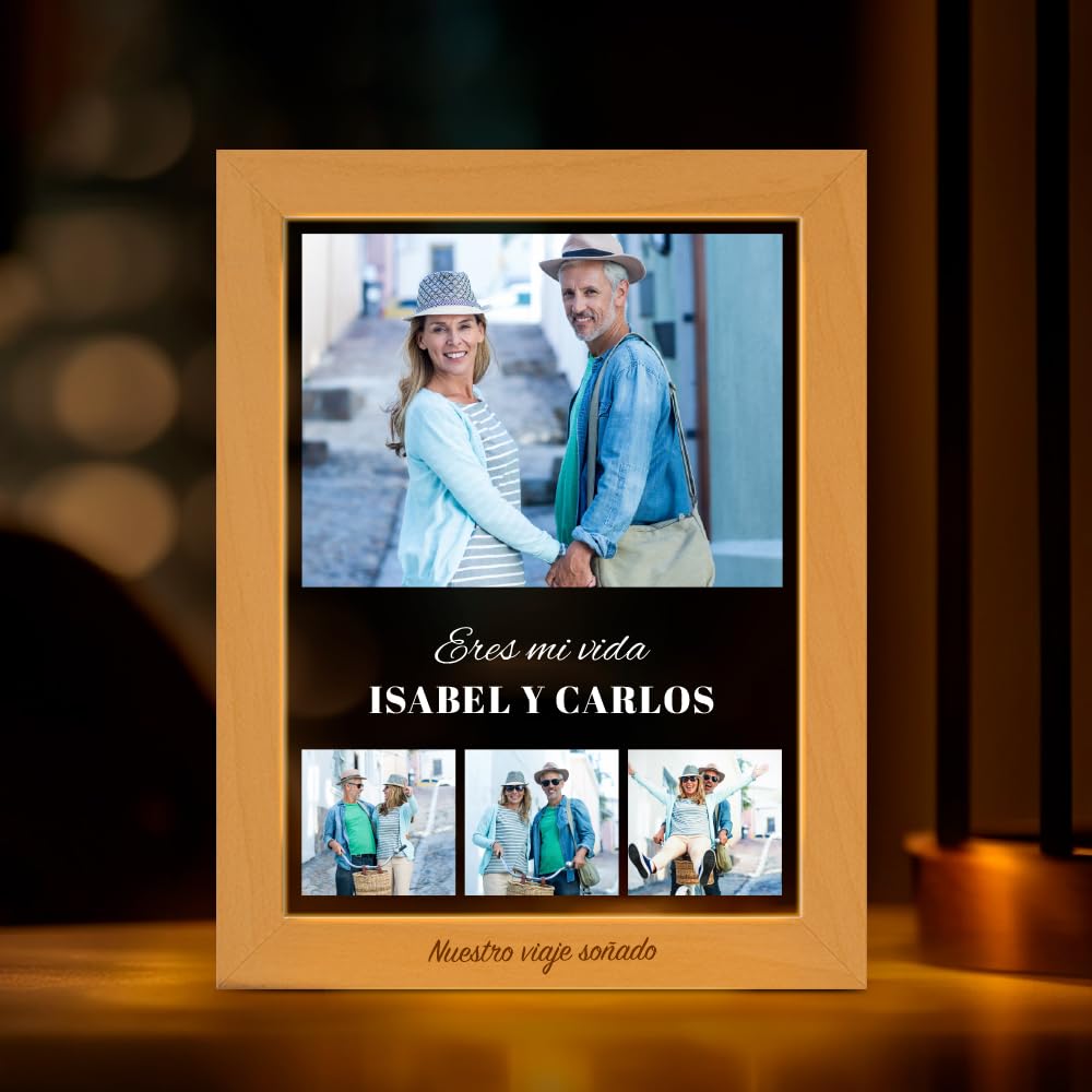 Transparent Gift Lámpara Personalizada Collage Fotos y Textos. Luz LED para mesita de noche. Regalos Originales para Parejas, Novios. Regalos personalizados con fotos para San Valentín y Aniversario