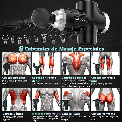 ALDOM Pistola de Masaje Muscular, Pistola Masaje Massage Gun Pistola Masajeadora Muscular Profesional y Carga Tipo C, 30 Niveles Ajustables, Silenciosos, 8 Cabezales Masajeador Muscular (Negro Plata)