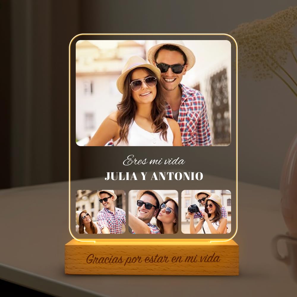 Transparent Gift Lámpara Personalizada Collage Fotos y Textos. Luz LED para mesita de noche. Regalos Originales para Parejas, Novios. Regalos personalizados con fotos para San Valentín y Aniversario