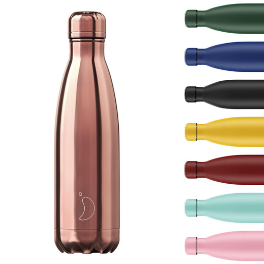 Chilly's Botella De Agua Acero Inoxidable y Reutilizable | Prueba de Fugas, Libre de transpiración | Oro Rosa Cromado | 500ml