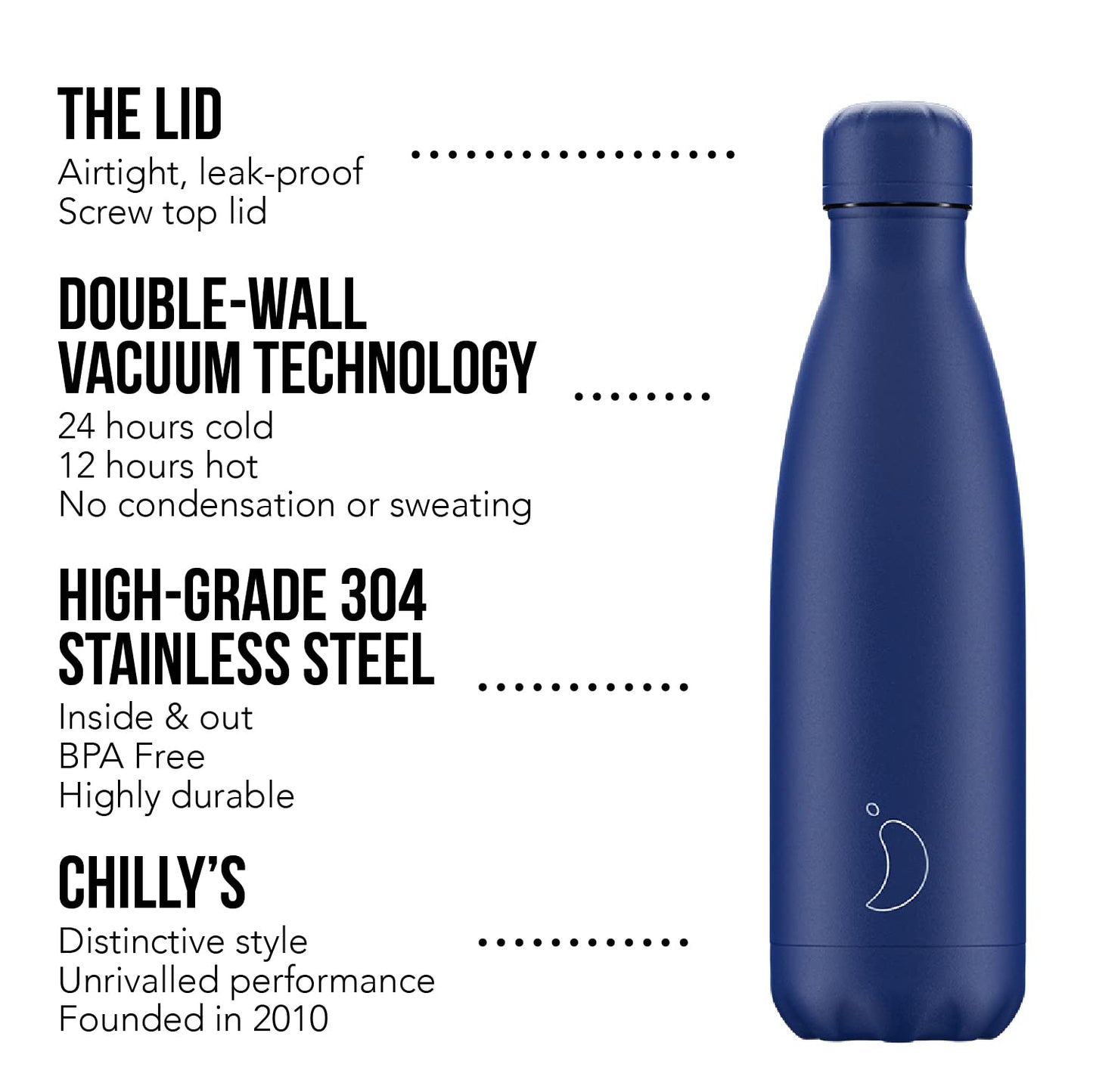 Chilly's Botella de Aqua - Acero Inoxidable y Reutilizable - Prueba de Fugas, Libre de transpiración - Matte - All Blue - 500ml