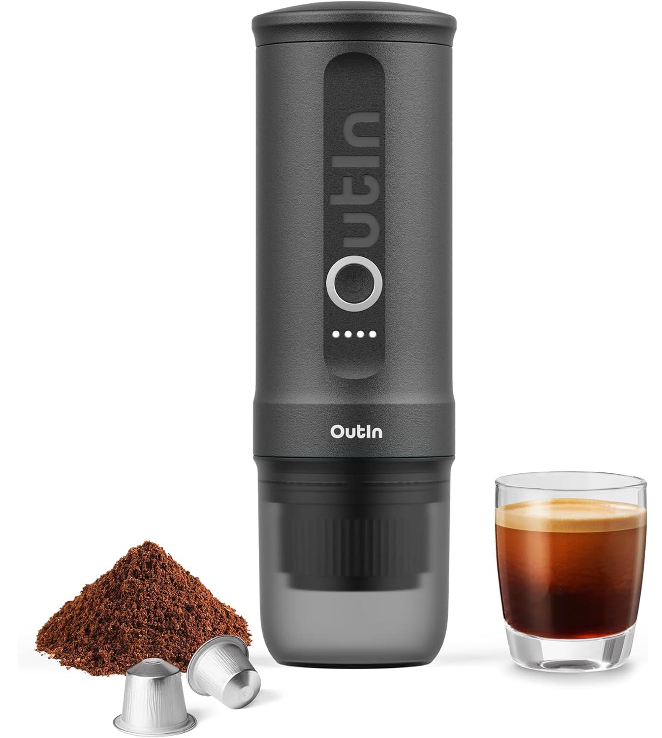 Outin Nano máquina de espresso portátil con batería automática de 3 a 4 minutos, compatible con cápsulas NS y café molido para acampar (gris espacial)