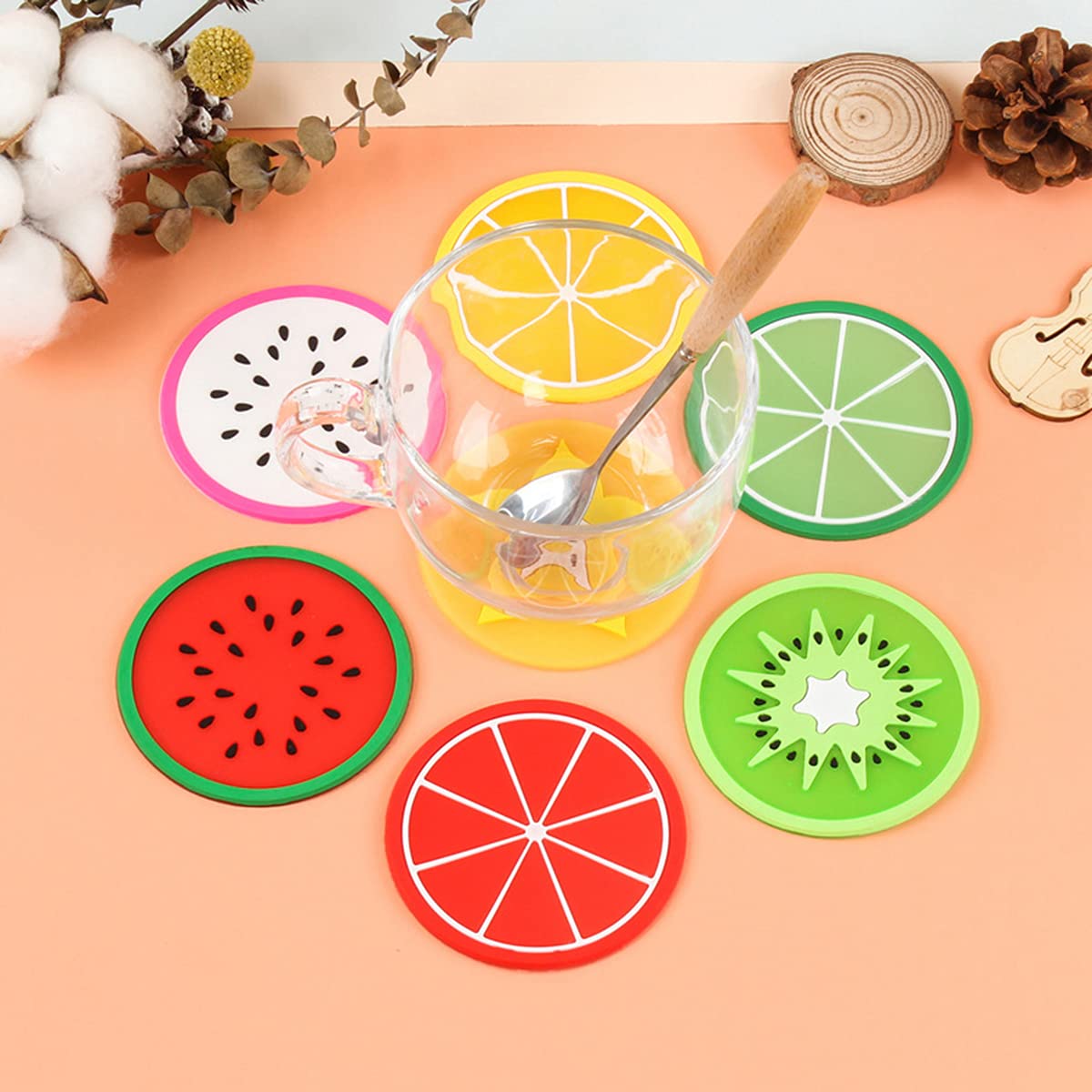 SyiXute 14 Piezas Creativa Fruta Posavasos,Posavasos de Silicona para Bebidas para Vino,Vidrio,Té- Mejor Bebida para el Hogar,Cerveza para Cocina Salón y Bar