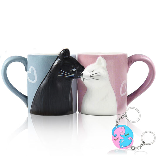 MengCat Gato Tazas de café par, conjunto de tazas de té de cerámica únicas, taza de boda para la novia y el novio,Beso Regalo a juego para aniversario, compromiso, día de San Valentín, cumpleaños