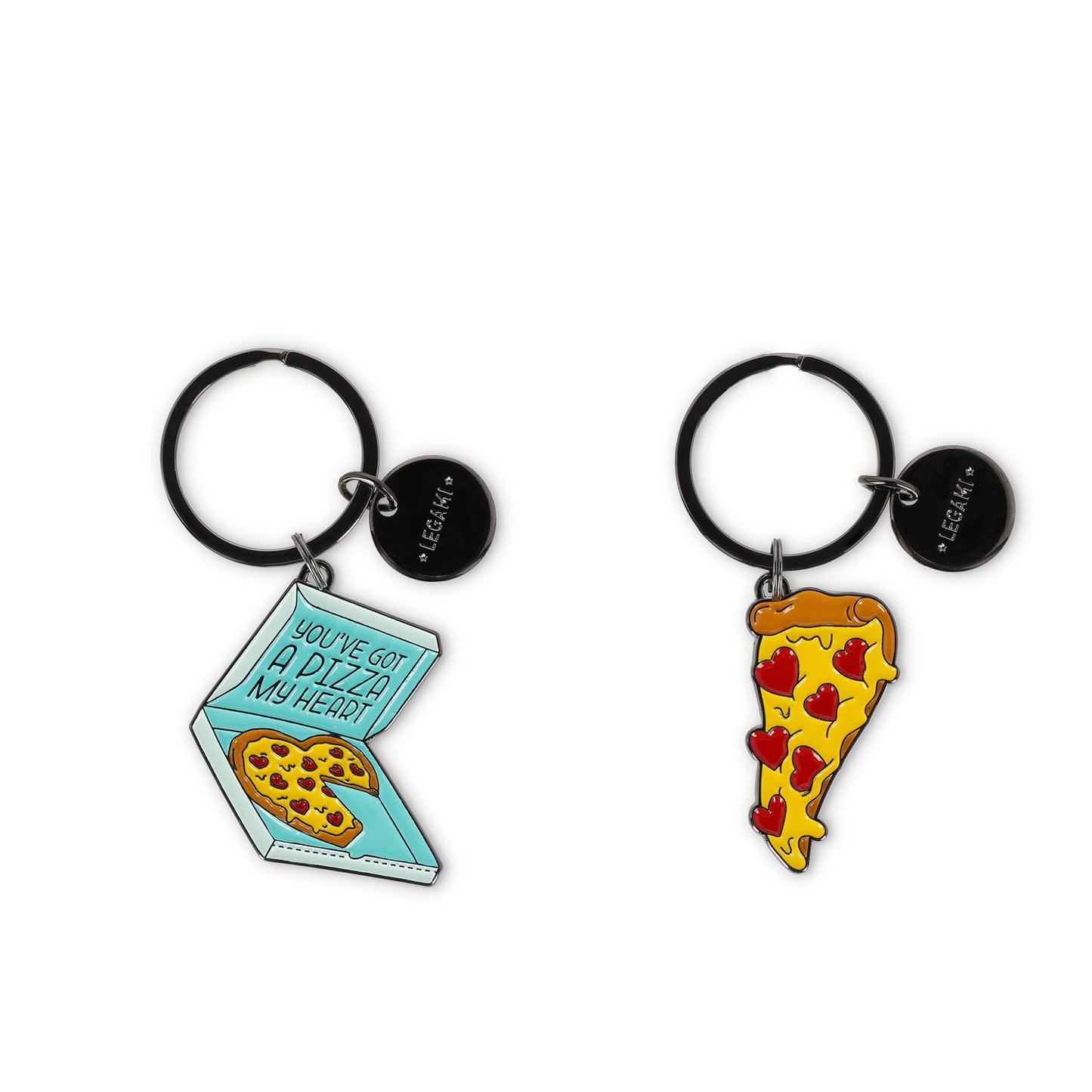 Legami - Juego de 2 llaveros de metal esmaltado, diseño de pizza, regalo para pareja, llavero con colgante para bolso, anillo en espiral resistente, tamaño 4 x 8,5 x 0,2 cm, amarillo, Talla única