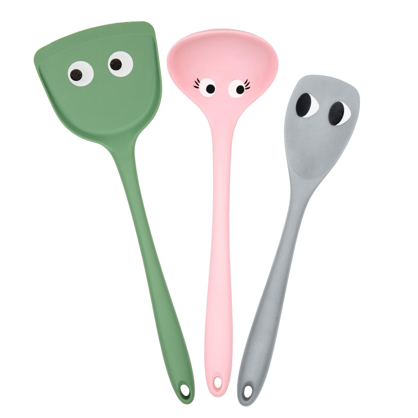 Fisura – Utensilios de cocina originales con ojos. Pack de 3 utensilios de cocina de silicona. Juego de 3 espatulas cocina colores pastel. Cuchara y lenguas de silicona sin BPA Resistente al Calor.