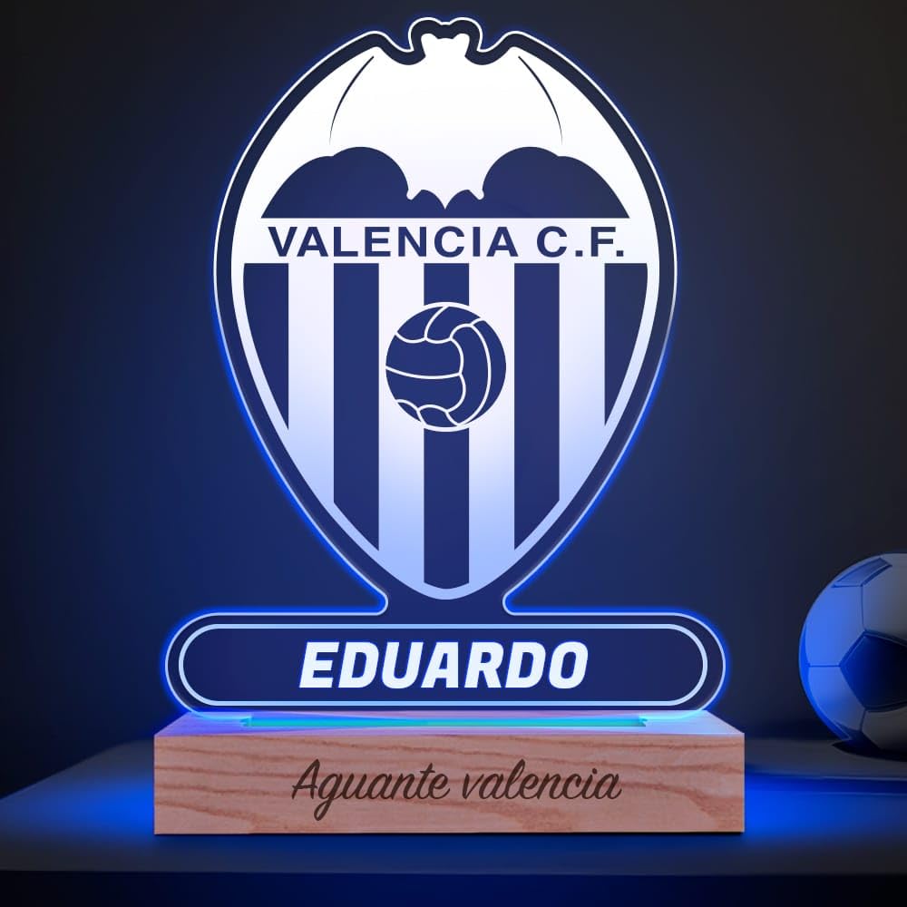 Transparent Gift Lámpara Personalizada Equipos Fútbol. Regalos Originales Cumpleaños Infantiles. Regalos para Hombres, Día del Padre. Diseño Escudo Valencia de Metacrilato y Madera. Luz LED