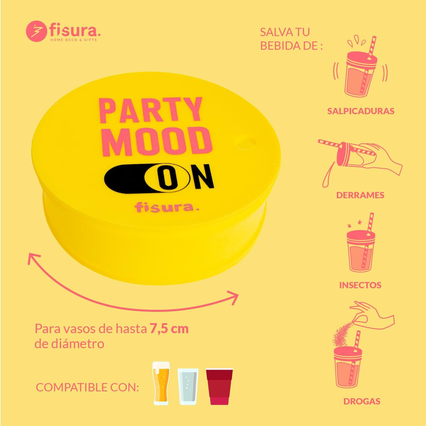 Fisura – Tapa vasos antidroga. Protector de bebida original Cubierta para bebidas reutilizable. Protección de vaso antiderrame hecho de silicona BPA free. (3 unidades, Party Mood, Amarillo)