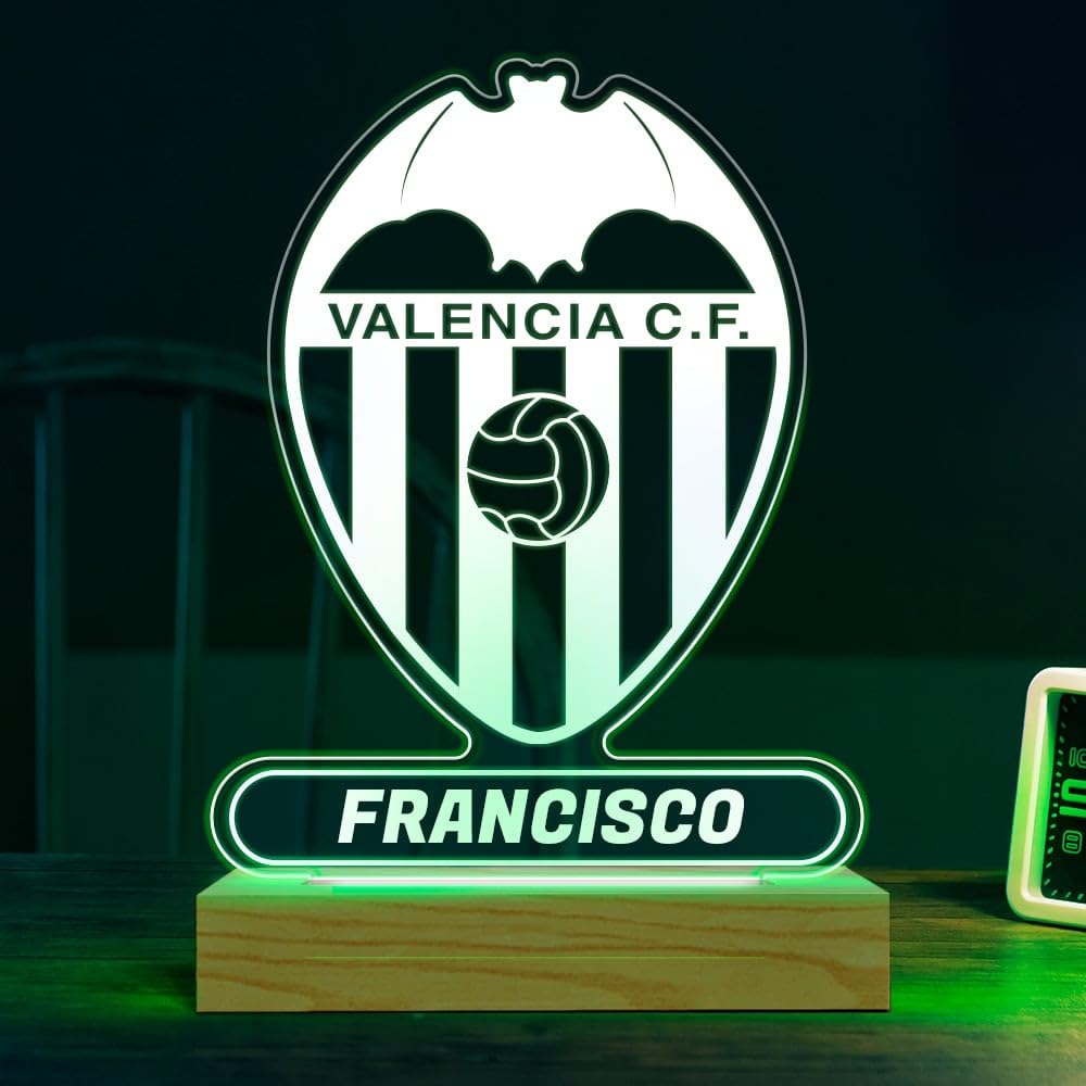 Transparent Gift Lámpara Personalizada Equipos Fútbol. Regalos Originales Cumpleaños Infantiles. Regalos para Hombres, Día del Padre. Diseño Escudo Valencia de Metacrilato y Madera. Luz LED