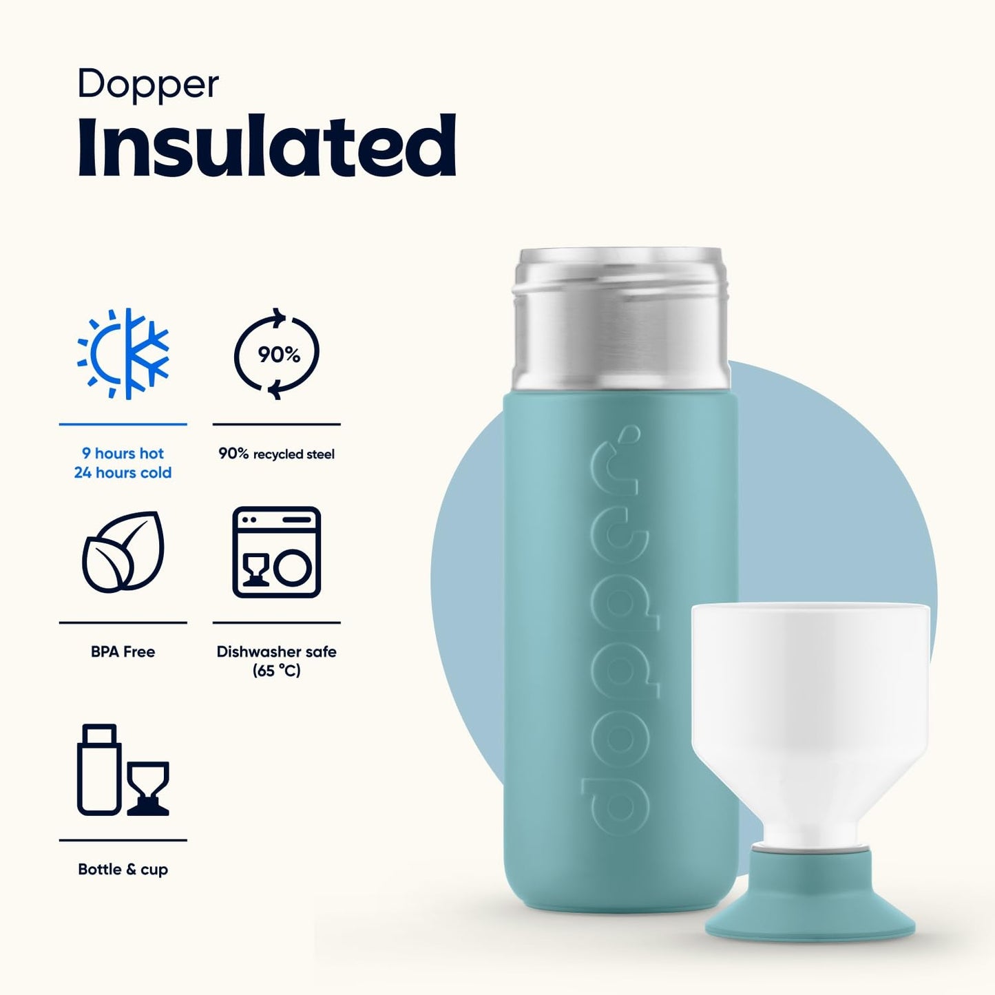 Dopper Insulated Bottlenose Blue Botella Isotérmica - Botella Agua 580ml - Termo para café - Botella de acero inoxidable - Botella deportiva - 24 horas fría, 9 horas caliente