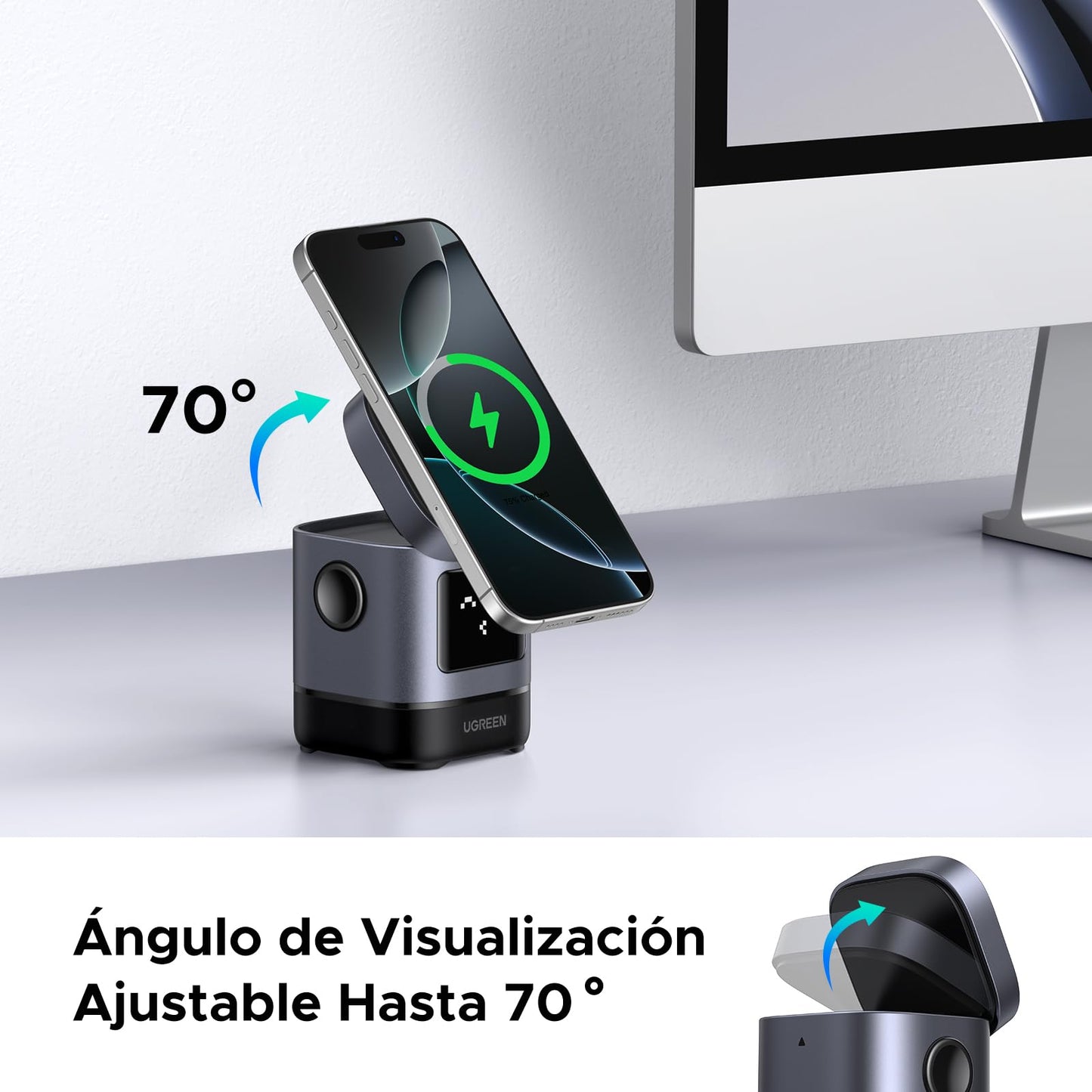 Cargador inalámbrico magnético – Carga con emojis y soporte para dos dispositivos