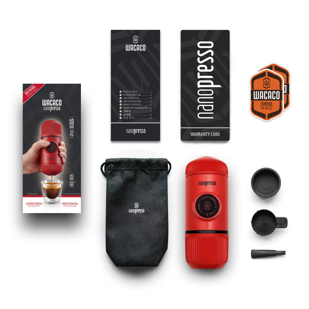 WACACO Nanopresso Cafetera Espresso Portátil, Versión Mejorada de Minipresso, 18 Bar de Presión, Cafetera de Viaje Extra Pequeña, Operada Manualmente, Rojo