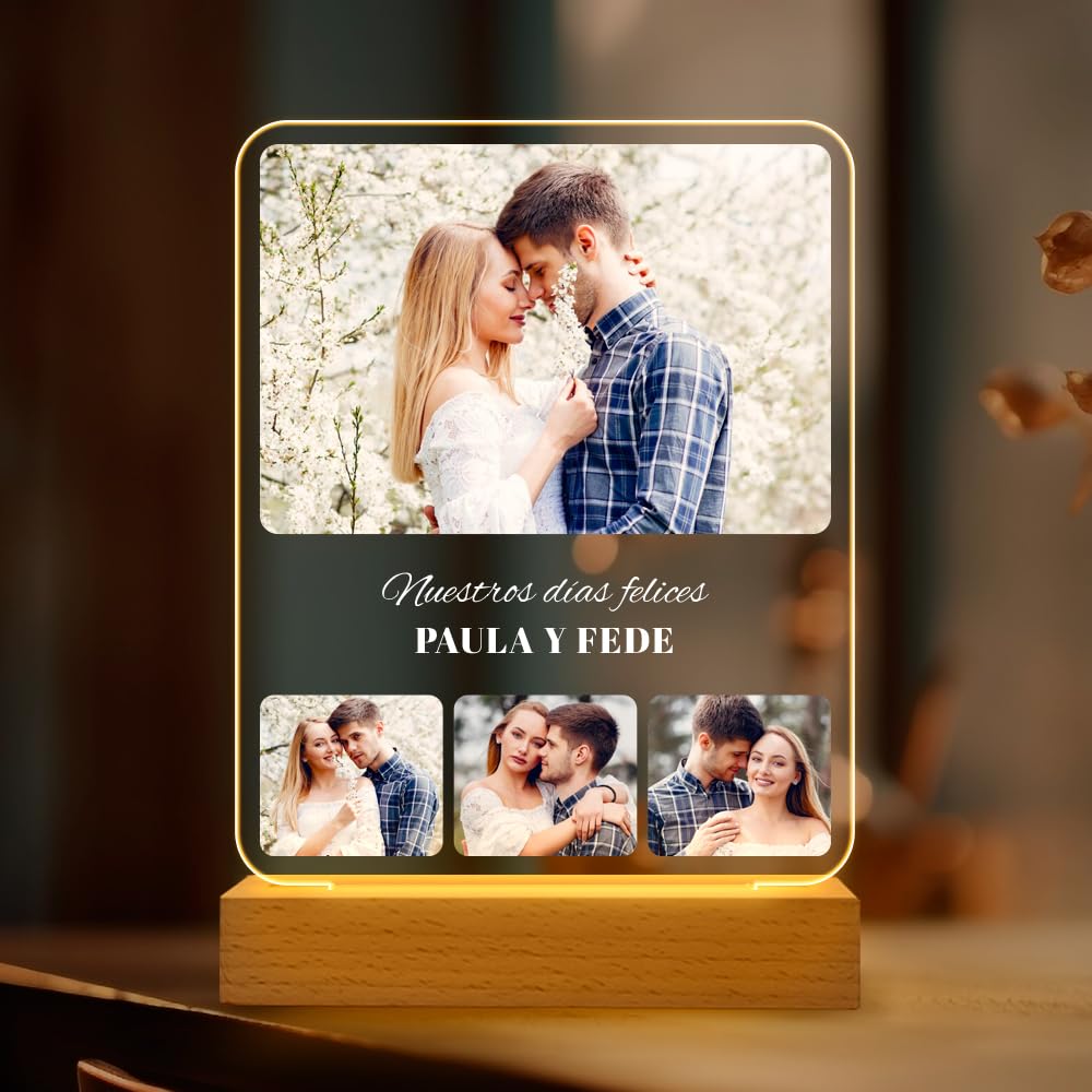 Transparent Gift Lámpara Personalizada Collage Fotos y Textos. Luz LED para mesita de noche. Regalos Originales para Parejas, Novios. Regalos personalizados con fotos para San Valentín y Aniversario