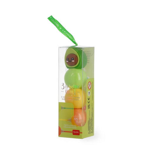 Legami - Resaltador 3 en 1, colores pastel, verde, amarillo, naranja, secado rápido, temática aguacate