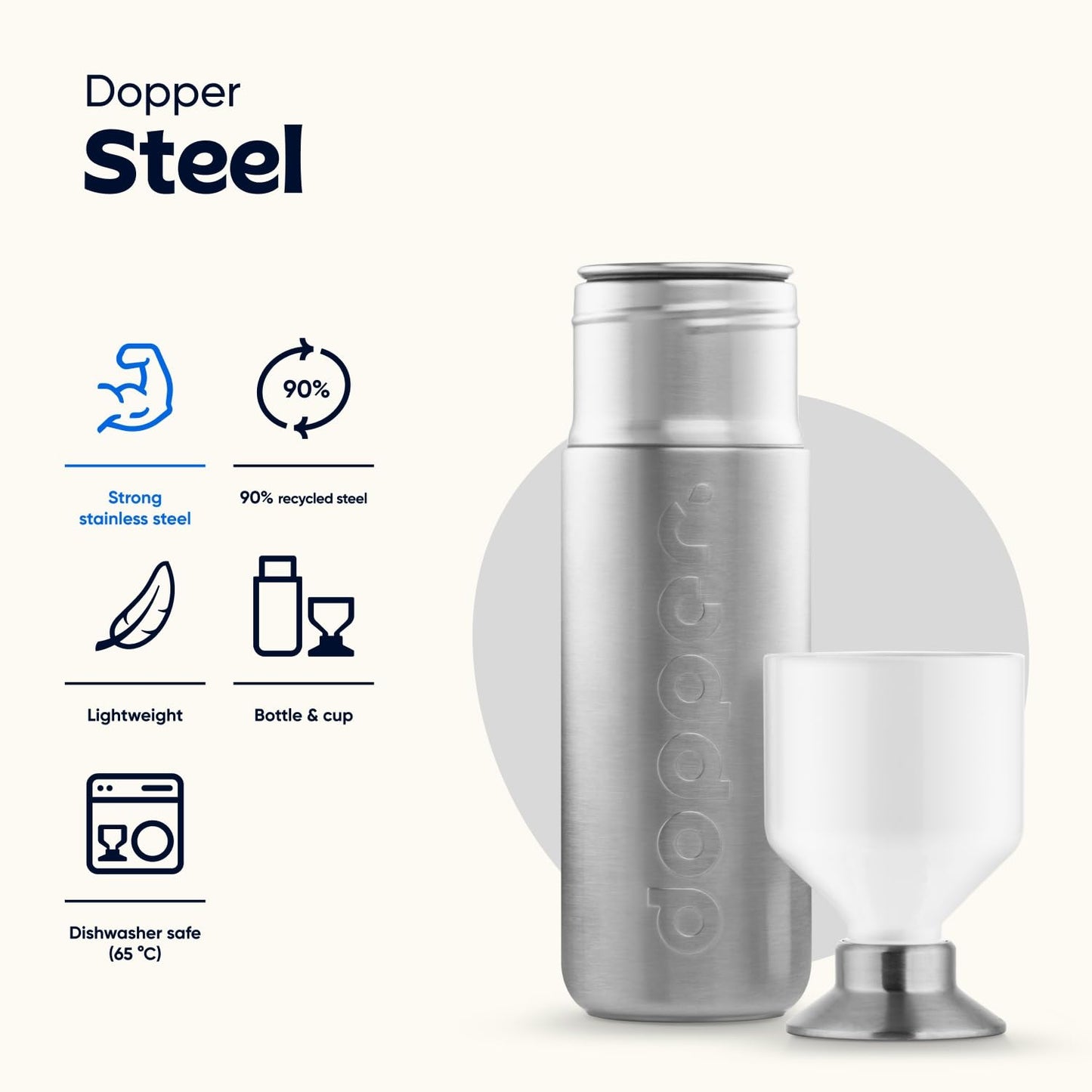 Dopper Steel 800ml Botella de Agua - Botella de acero Inoxidable - Botella Reutilizable sin BPA, de acero Inoxidable 18/8 - Botella Deportiva de Metal para Uso Deportivo y en la Oficina.