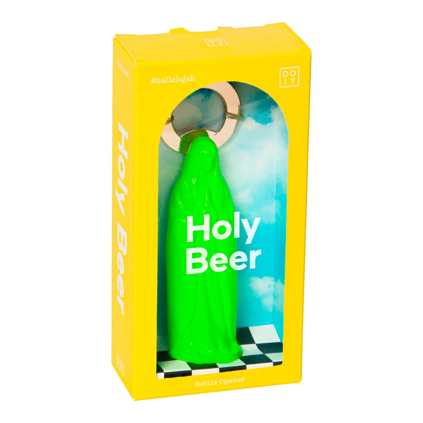 DOIY - Abridor de Botellas - Diseño con Virgen de la Cerveza - Abrebotellas de Metal - Estilo Divertido - Práctico y Funcional - Agarre Ergonómico - Color Verde - 14x3,5x3 cm