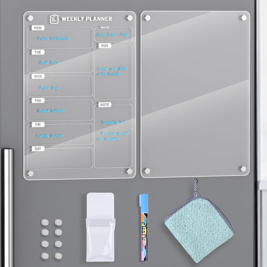 Langaelex Paquete de 2 Calendario Magnético Acrílico Nevera, Planificador Semanal y Pizarra transparente, Incluye 1x Rotuladores de Tiza 1x Toalla 1x Portalápices (Inglés)