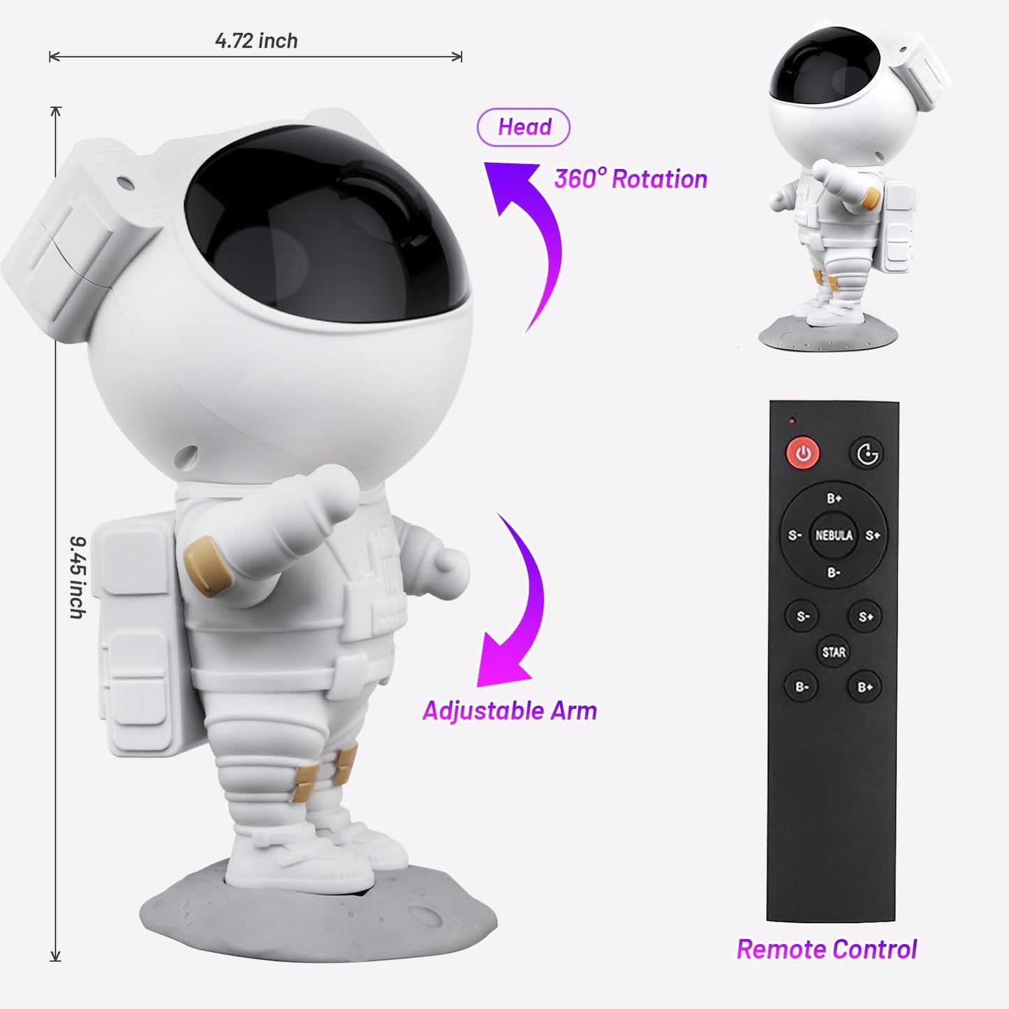 Proyector Estrellas, Astronauta Proyector Galaxy,Luz Nocturna Infantil con Nebulosa,8 Modos,Mando Distancia y 360° Rotación Lampara Proyector Galaxia Techo de Dormitorio,Regalos Para Niños y Adultos