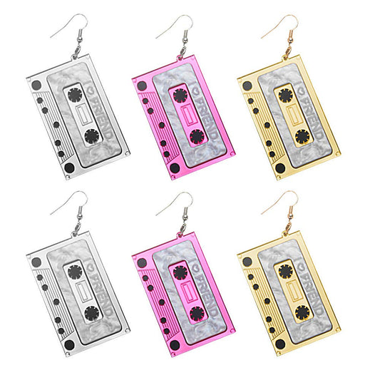 3 Pares Pendientes de Cinta Pendientes Colgantes de Cassette Retro 80s Pendientes de Cinta Punk Lindos para Mujeres Niñas(Plata,Rosa,Oro5,2 x 3,2 cm)