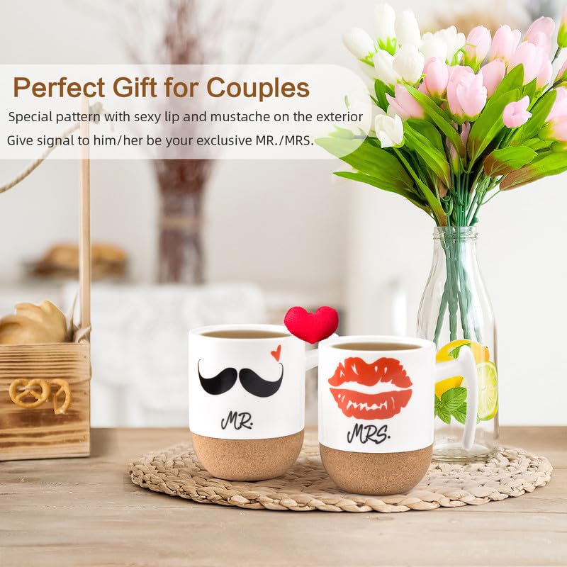 Love-KANKEI Tazas de Mr y Mrs de Cerámica con Fondo de Corcho, Tazas de Cafe Juego de 2 con 300ml, Tazas Desayuno como Regalo Ideal para Bodas, San Valentín, Cumpleaños