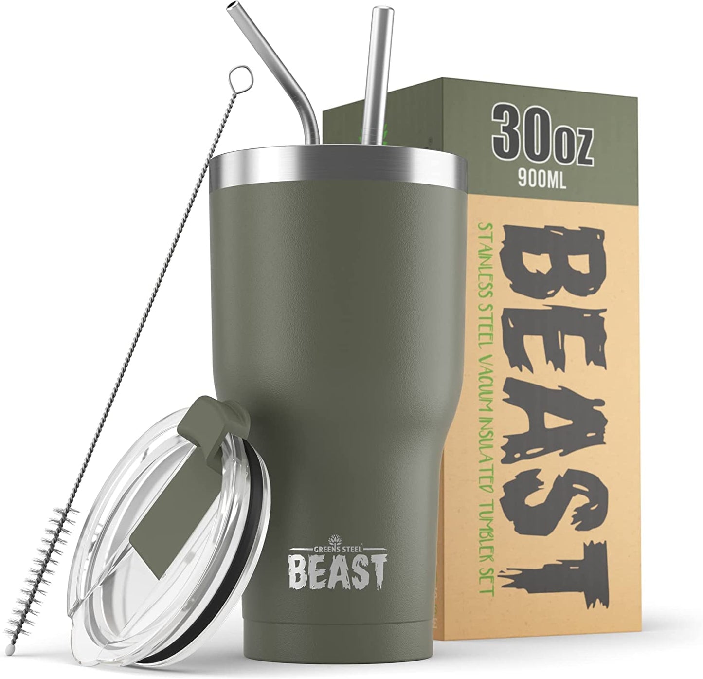 BEAST Termo Café para Llevar - 900ml I Verde militar I Taza Térmica de Acero Inoxidable Reusable I Taza Viajera de Doble Pared al Vacío I 2 Pajitas y Cepillo de Limpieza I para Café Frío o Caliente