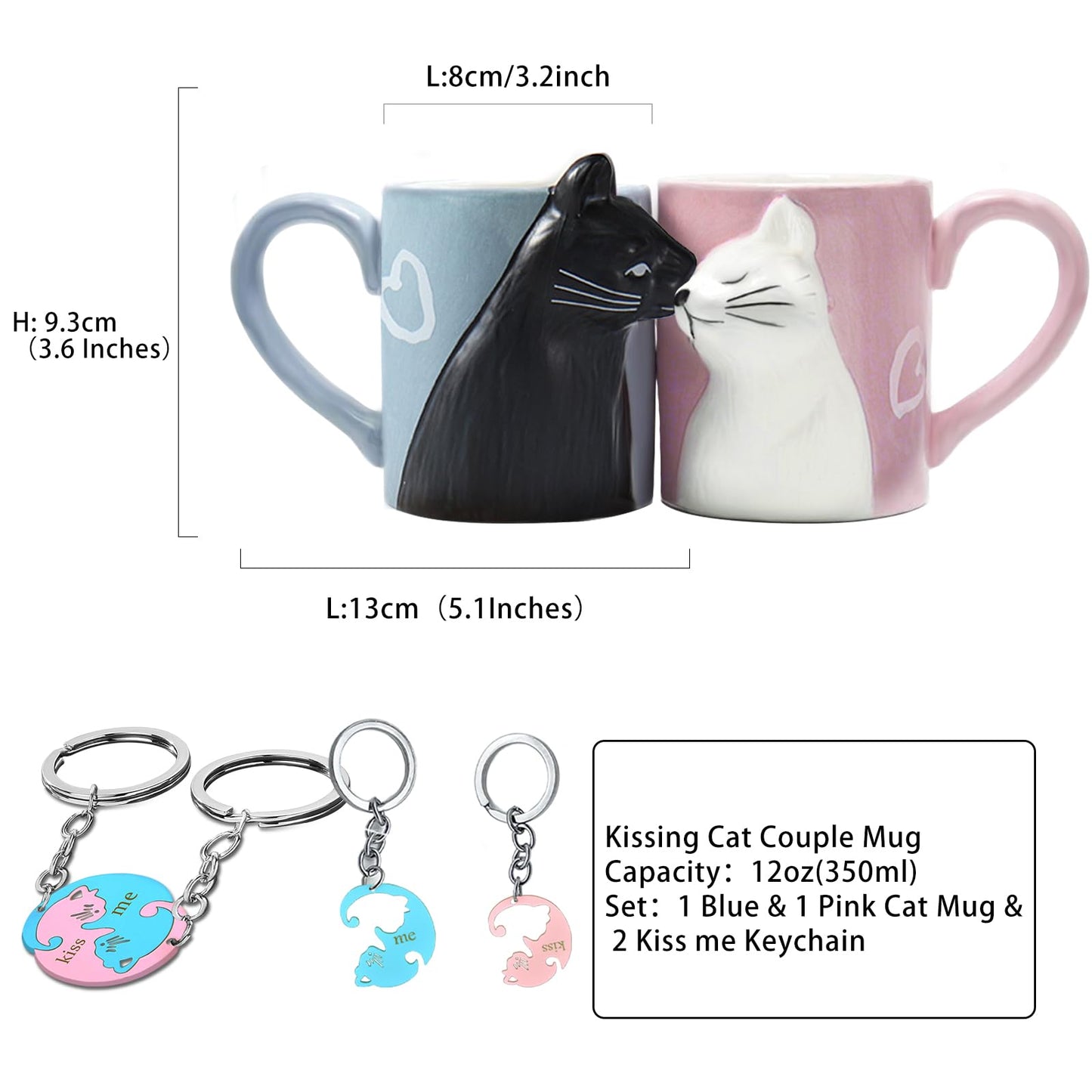 MengCat Gato Tazas de café par, conjunto de tazas de té de cerámica únicas, taza de boda para la novia y el novio,Beso Regalo a juego para aniversario, compromiso, día de San Valentín, cumpleaños