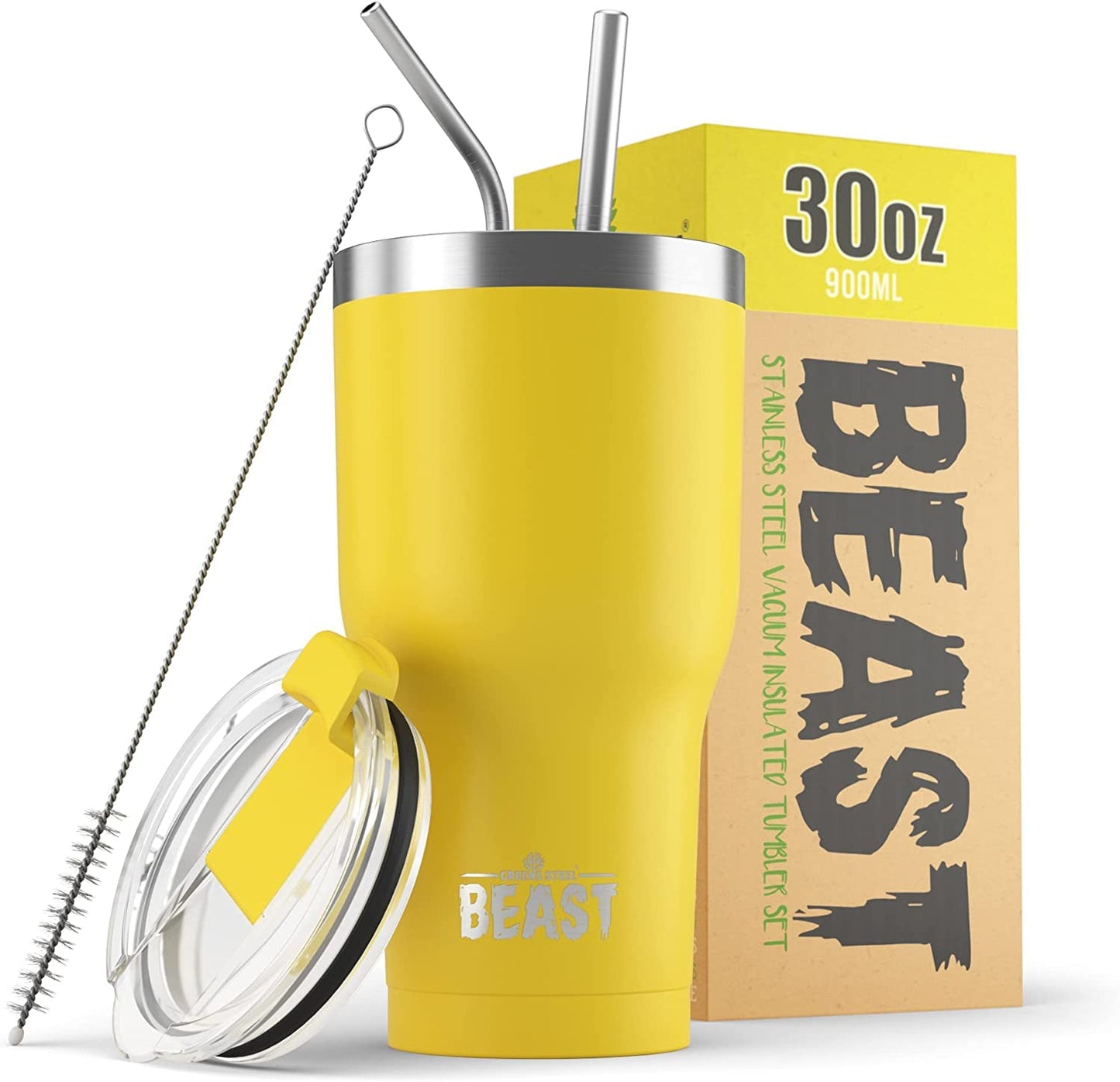 BEAST Termo Café para Llevar - 900ml I Limón I Taza Térmica de Acero Inoxidable Reusable I Taza Viajera de Doble Pared al Vacío I 2 Pajitas y Cepillo de Limpieza I para Café Frío o Caliente