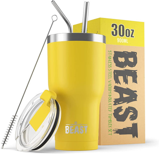 BEAST Termo Café para Llevar - 900ml I Limón I Taza Térmica de Acero Inoxidable Reusable I Taza Viajera de Doble Pared al Vacío I 2 Pajitas y Cepillo de Limpieza I para Café Frío o Caliente