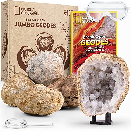 National Geographic Break Open 5 Geodas Jumbo - Kit de Ciencia de la Tierra con 5 Geodas Extra Grandes con Cristales, Gafas y Soportes de Exhibición, Regalos de Ciencia, Cosas Divertidas para Niños