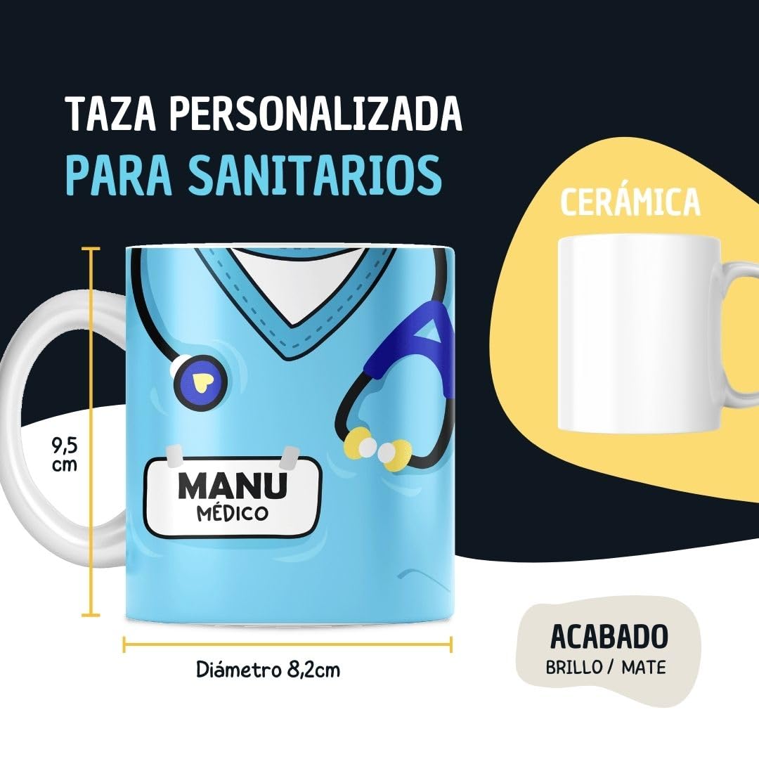 DEREGALOOS Taza Original Personalizada con Nombre | Taza para Regalar Uniforme TCAE Médico Enfermera Auxiliar Sanitarios | Taza de Desayuno Accesorios Médico | Regalos para Médicos