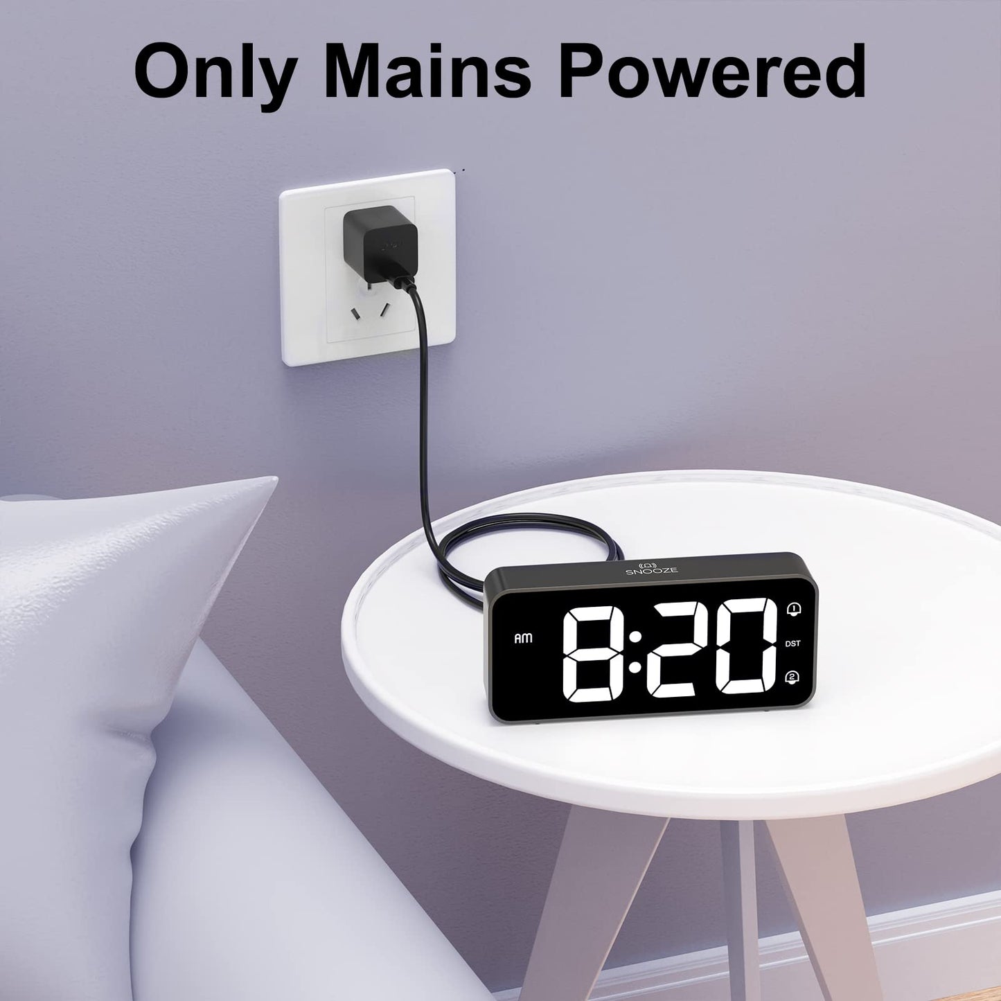 HOMVILLA Despertador Digital con Pantalla LED Grande, Reloj Despertador Digital Volumen Brillo Regulable con Alarma Doble 12/24H Despertador Inteligente Alimentación por Cable USB Incluye Adaptador