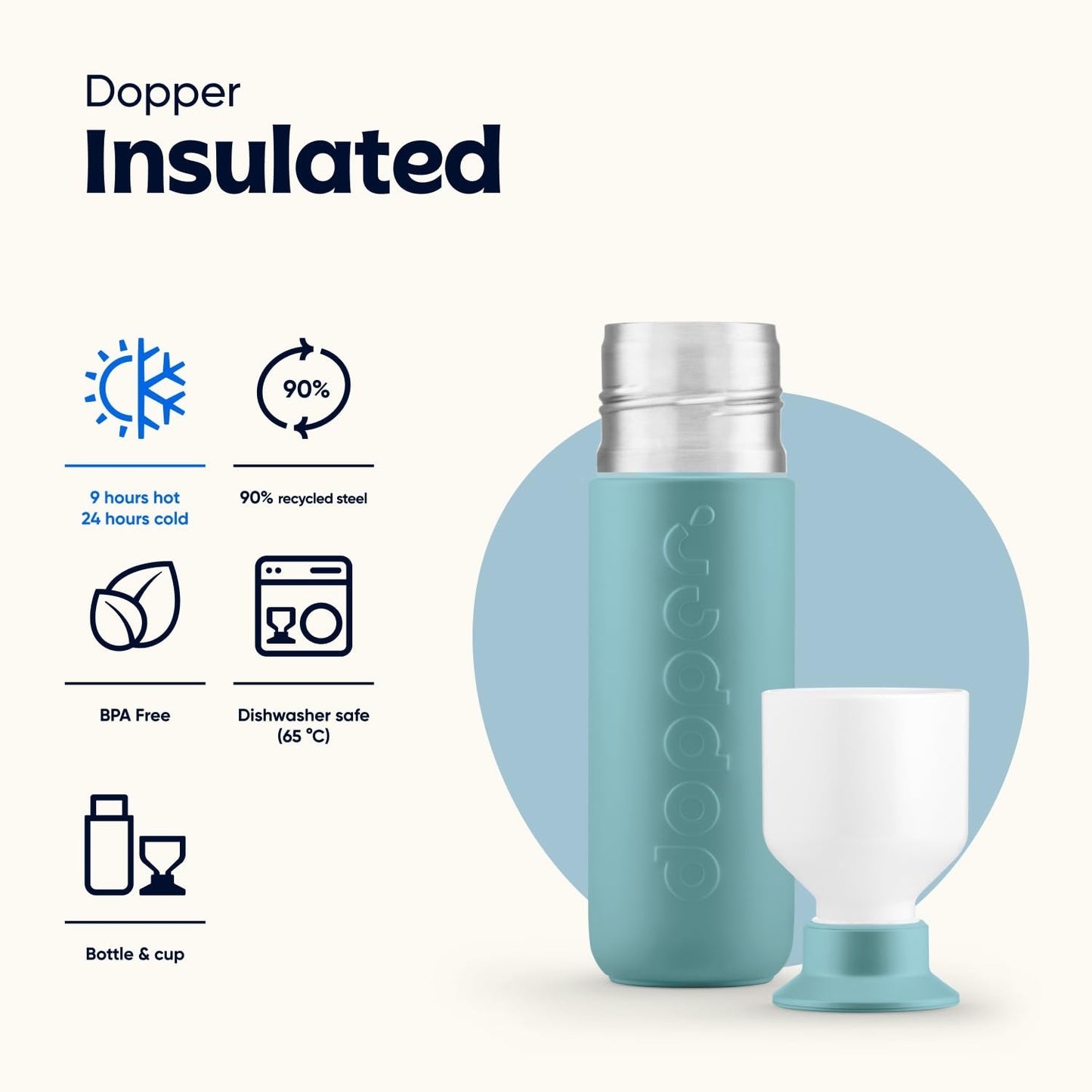 Dopper Insulated Bottlenose Blue Botella Isotérmica - Botella Agua 350ml - Termo para café - Botella de acero inoxidable - Botella deportiva - 24 horas fría, 9 horas caliente