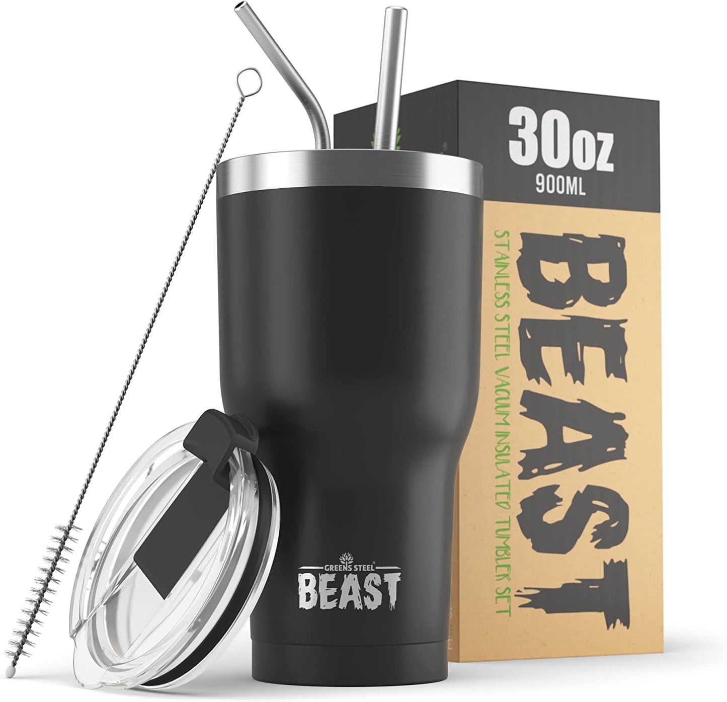 BEAST Termo Café para Llevar - 900ml I Negro mate I Taza Térmica de Acero Inoxidable Reusable I Taza Viajera de Doble Pared al Vacío I 2 Pajitas y Cepillo de Limpieza I para Café Frío o Caliente