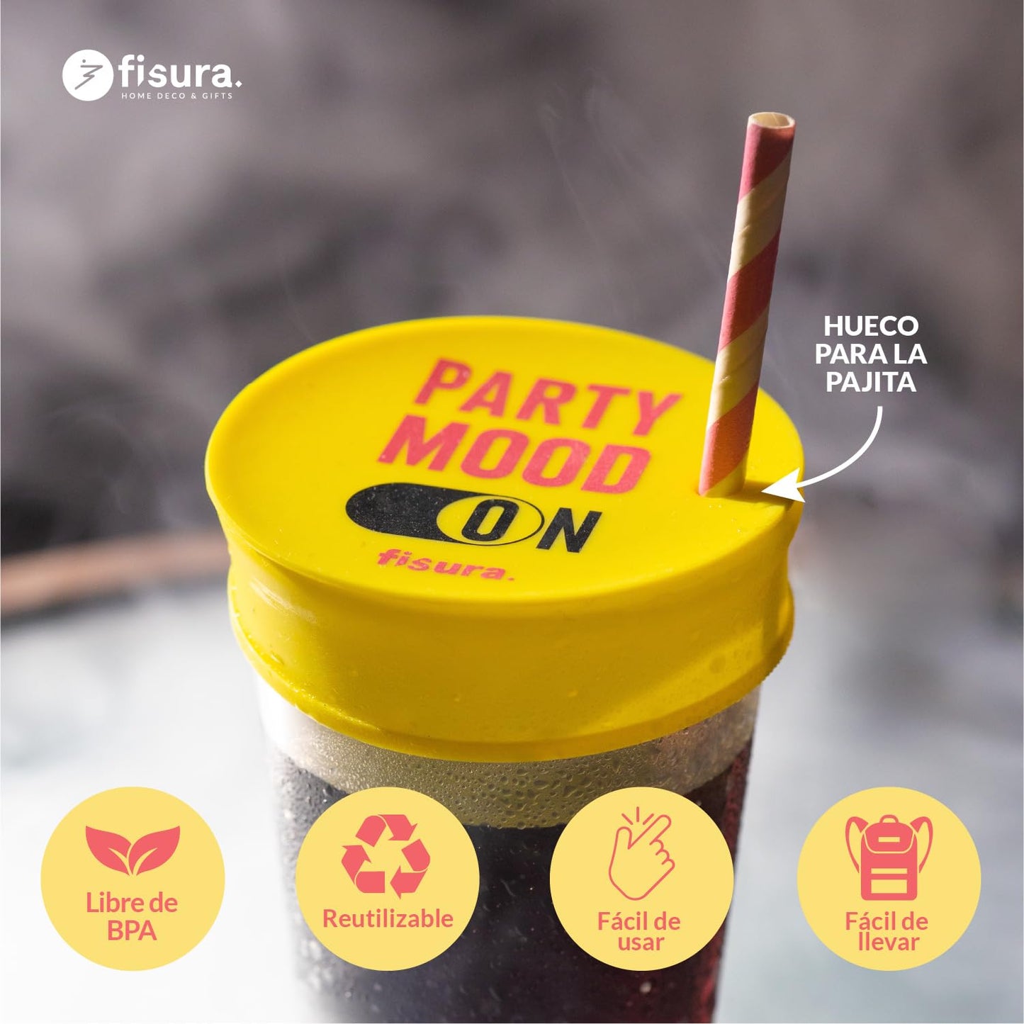 Fisura – Tapa vasos antidroga. Protector de bebida original Cubierta para bebidas reutilizable. Protección de vaso antiderrame hecho de silicona BPA free. (3 unidades, Party Mood, Amarillo)