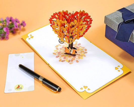 Tarjeta ardillas 3D – Otoño de corazones