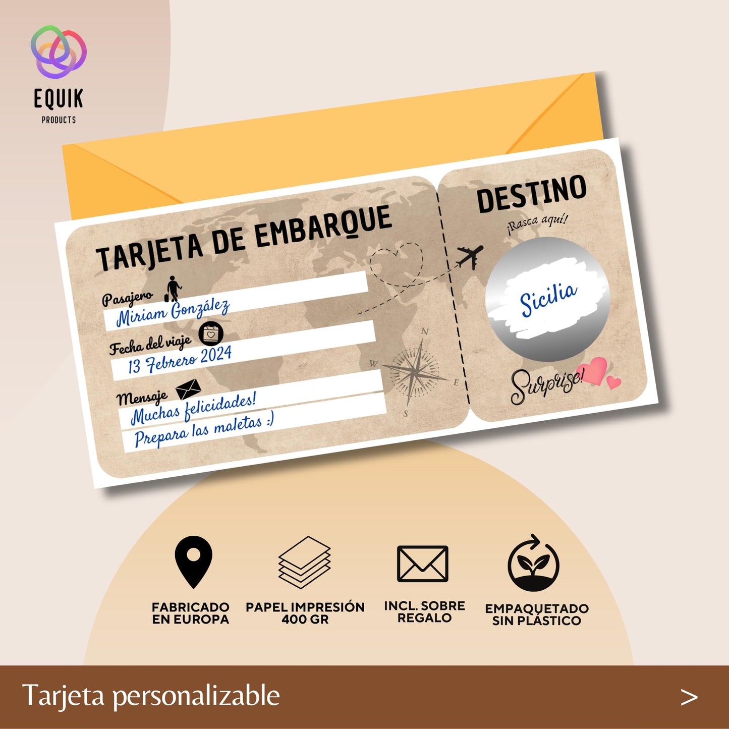 EQUIK PRODUCTS Regalo viaje sorpresa | Tarjeta de rascar | Cheque, Cupón viaje | Regalo pareja romántico para San Valentín | Tarjeta de embarque personalizable