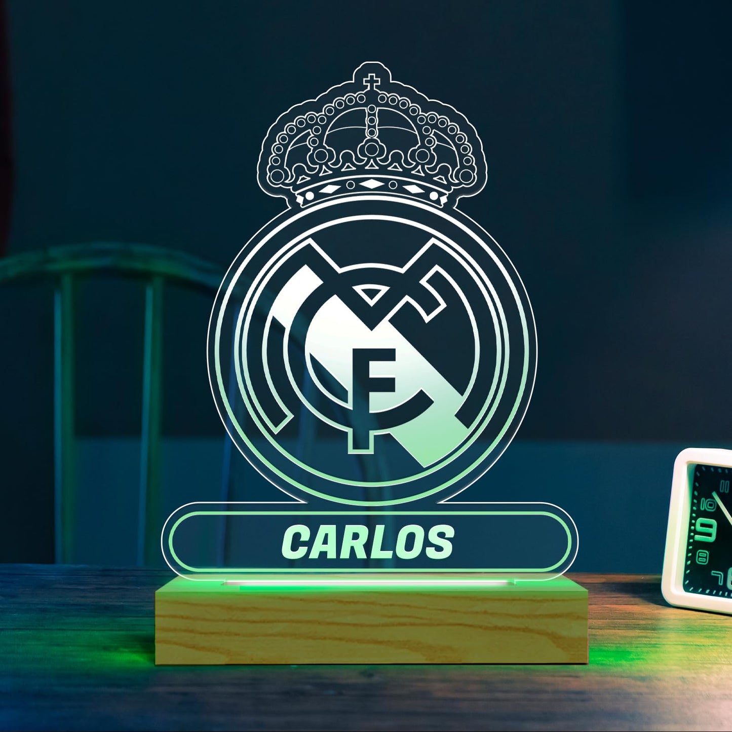 Transparent Gift Lámpara Personalizada Equipos Fútbol. Regalos Originales Cumpleaños Infantiles.Regalos para Hombres, Día del Padre. Diseño Escudo Real Madrid de Metacrilato y Madera