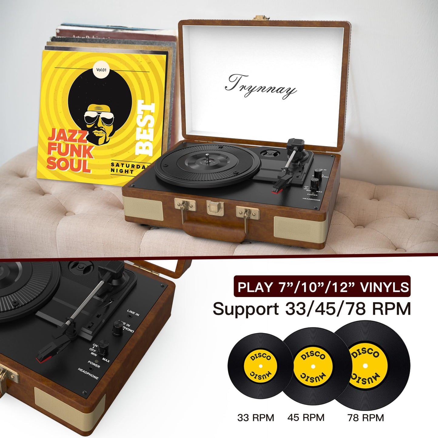 Trynnay Tocadiscos Tocadiscos con Bluetooth de 3 velocidades, Reproductor de Vinilo portátil con Altavoces Integrados, Tocadiscos, Sonido de Audio Mejorado, Piel sintética, Almendra