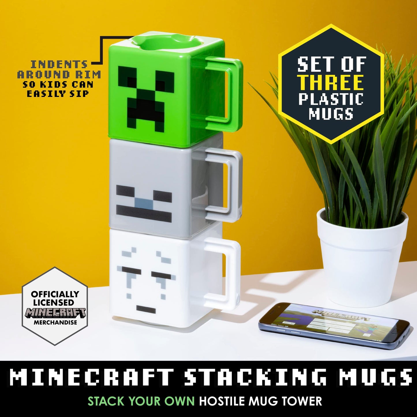 Paladone Tazas apilables Minecraft - Producto oficial, diseños Creeper, Skeleton y Ghast, regalo para gamers de Minecraft y niños, set de 3 (250ml)