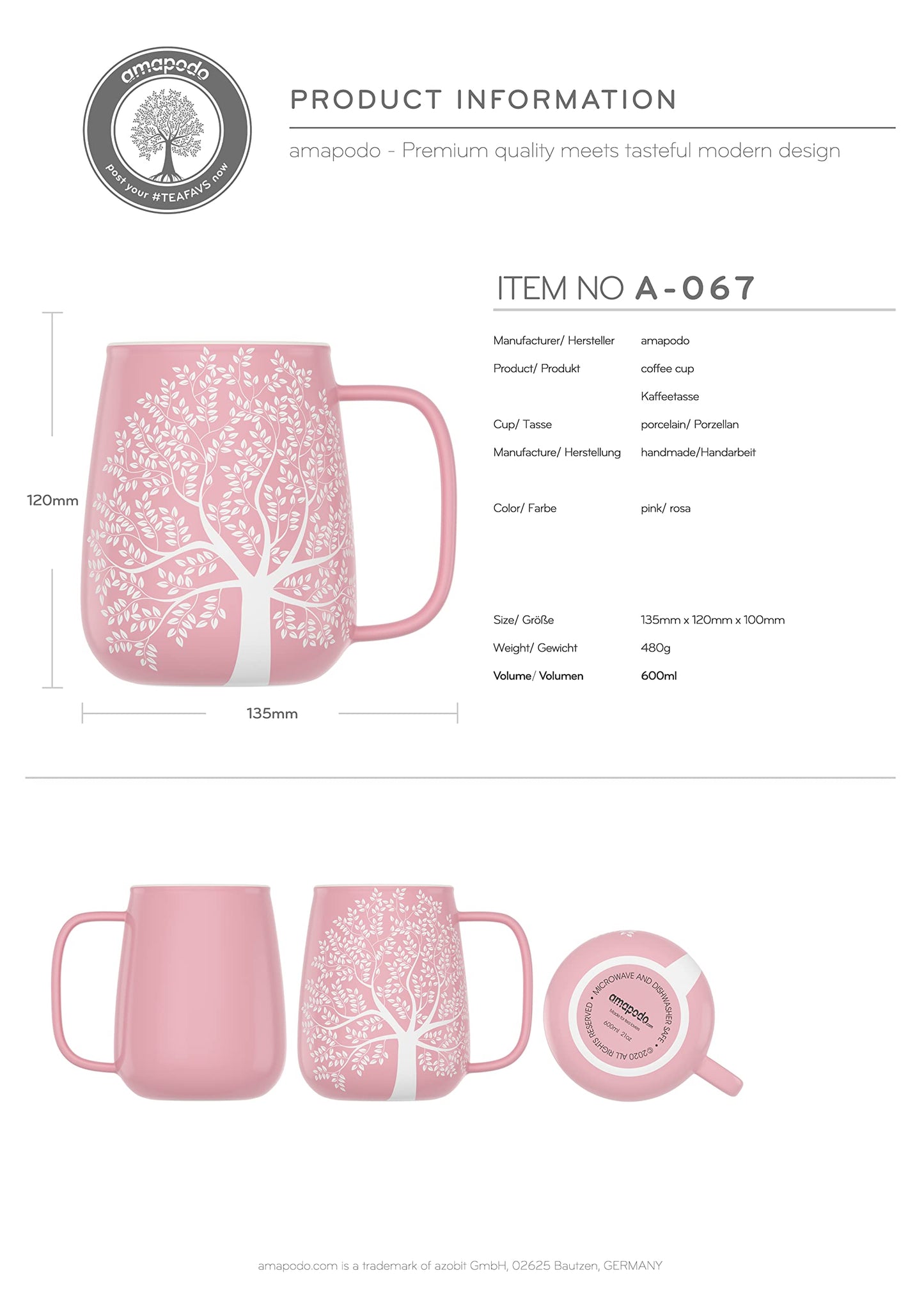 amapodo Taza de café de porcelana - Taza de café grande 600ml - Regalos para mujeres - Taza Jumbo - Taza de oficina XXL Rosa