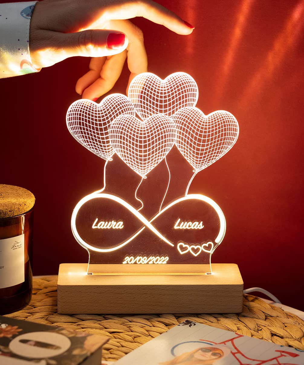 Transparent Gift Lámpara del Amor Personalizada Infinito con Corazones. Con Nombre Pareja y Fecha. Regalos Originales para San Valentín, Bodas, Cumpleaños. Metacrilato y Madera