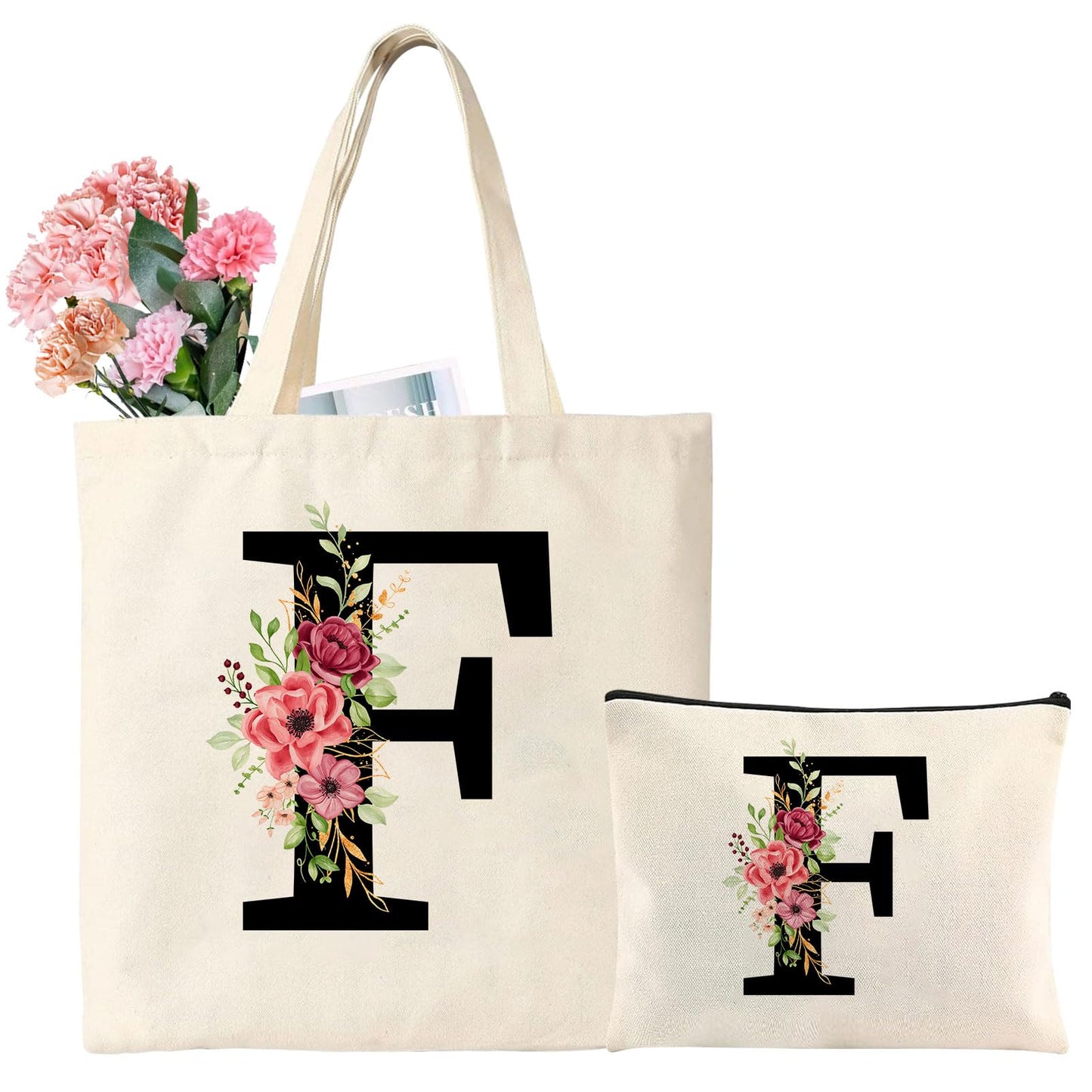 Regalos Personalizada para Damas Inicial Bolsa de Compras Letras Tote Bag con Bolsillo, Reutilizable Bolsas de Mano Bolso de Cosméticos Regalo para Mujer Amiga Dama de Honor Cumpleaños Bodas (F)