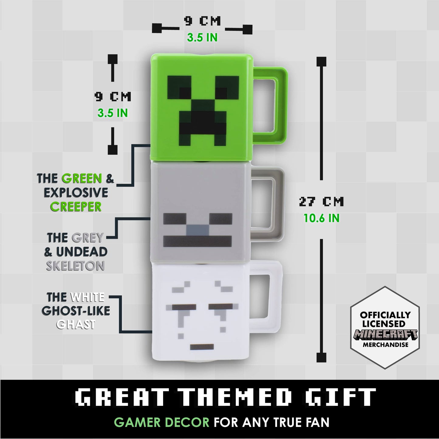 Paladone Tazas apilables Minecraft - Producto oficial, diseños Creeper, Skeleton y Ghast, regalo para gamers de Minecraft y niños, set de 3 (250ml)